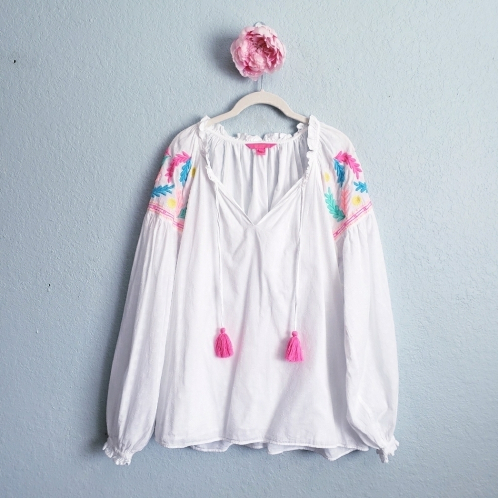 Lilly Pulitzer White Neon Embroidered Florentina Long Sleeve Peasant Blouse